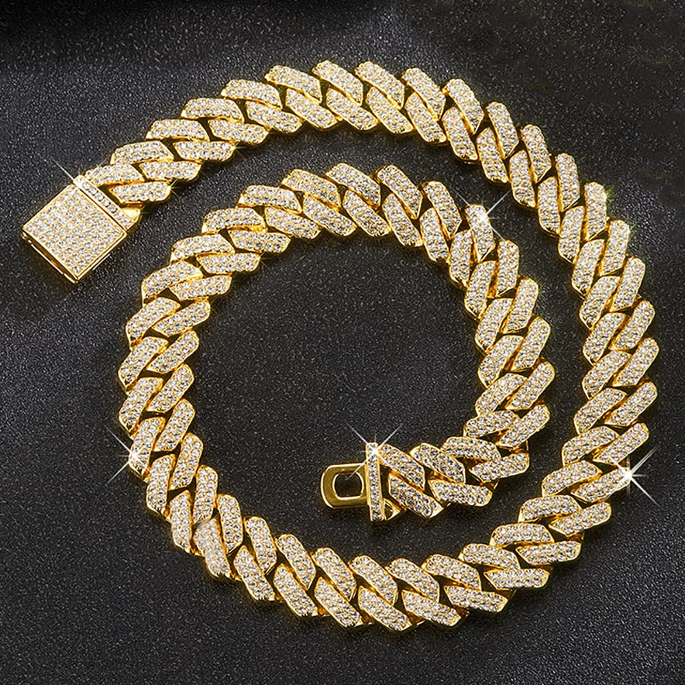 15MM Cuban Link Chain Necklace Silver or Gold Color Rhinestone