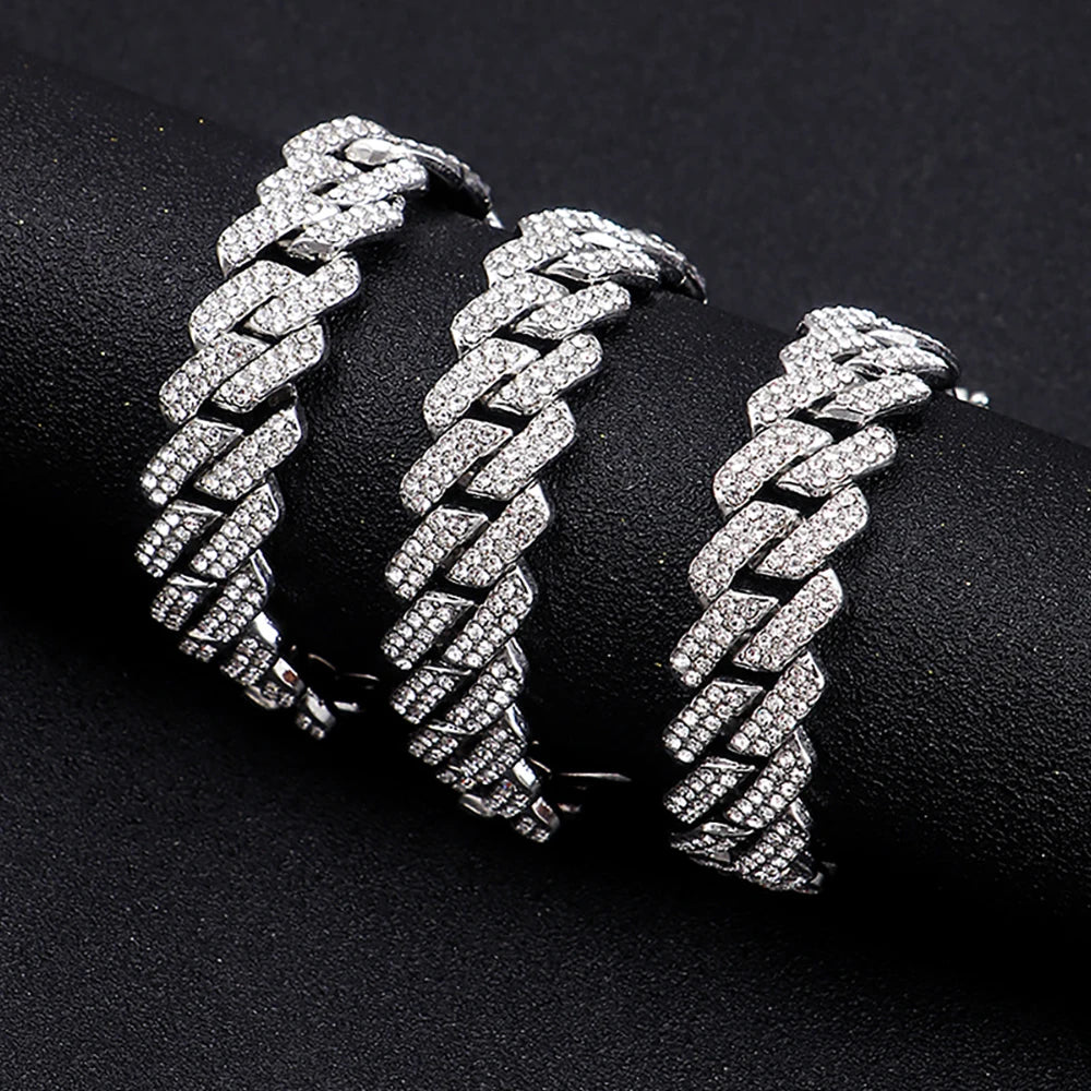 15MM Cuban Link Chain Necklace Silver or Gold Color Rhinestone