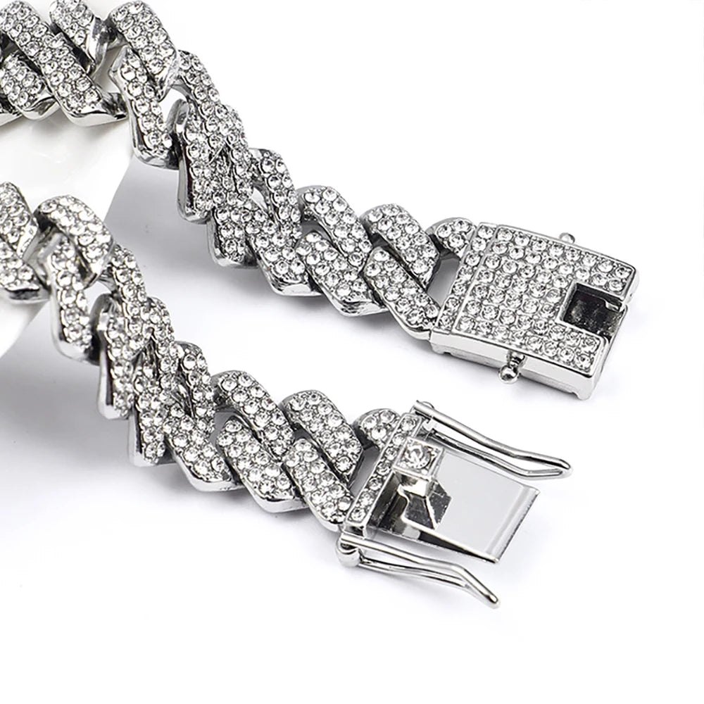 15MM Cuban Link Chain Necklace Silver or Gold Color Rhinestone