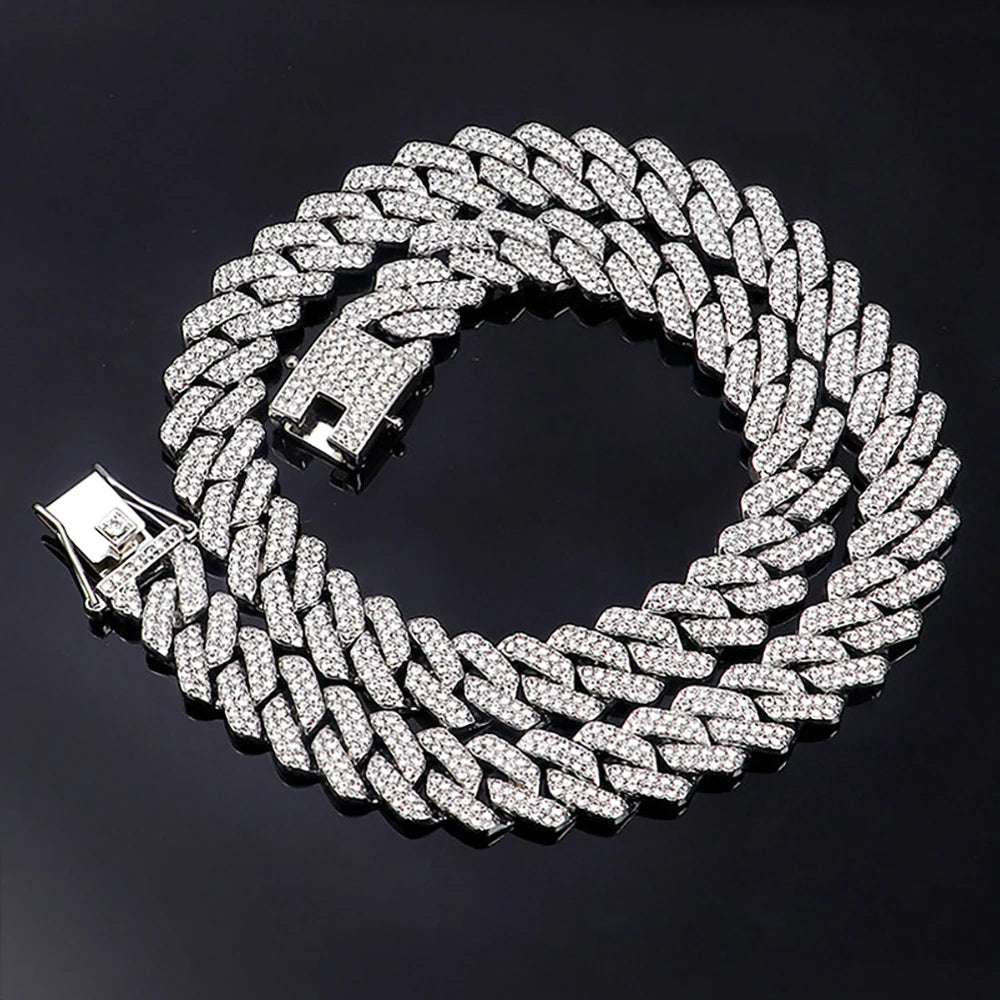 15MM Cuban Link Chain Necklace Silver or Gold Color Rhinestone