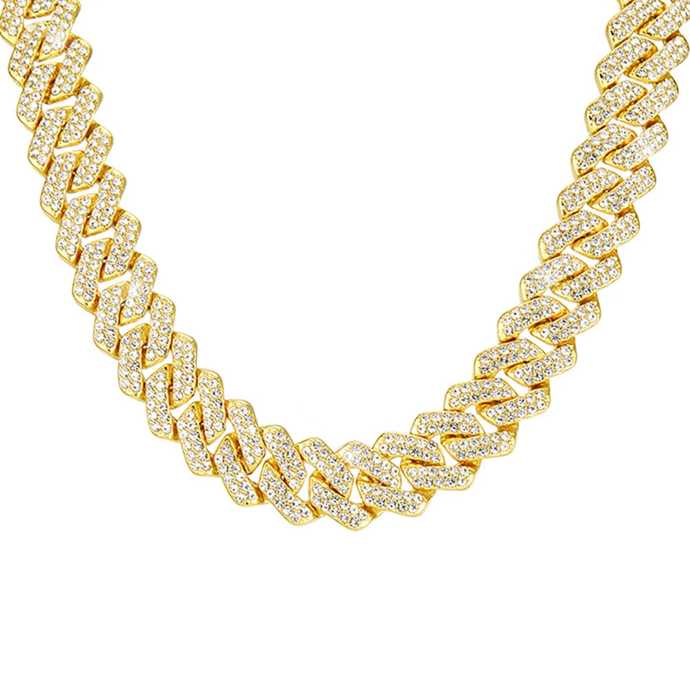 15MM Cuban Link Chain Necklace Silver or Gold Color Rhinestone