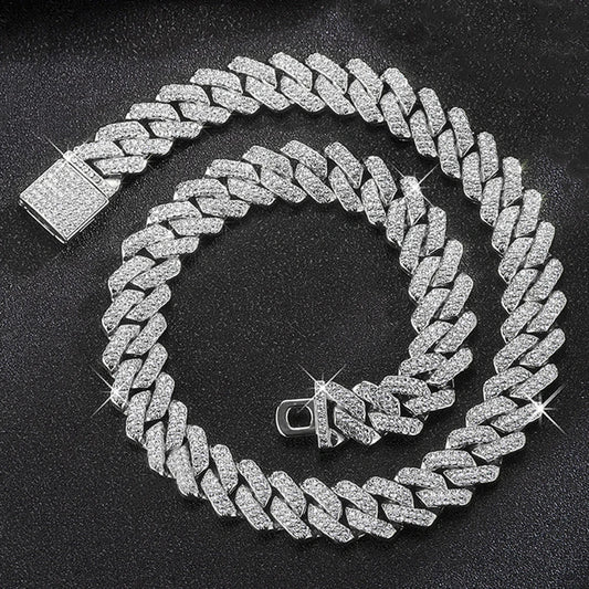 15MM Cuban Link Chain Necklace Silver or Gold Color Rhinestone