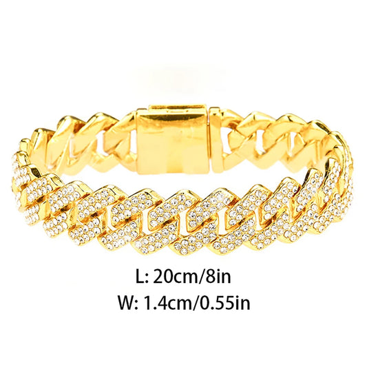 15MM Cuban Link Chain Necklace Silver or Gold Color Rhinestone